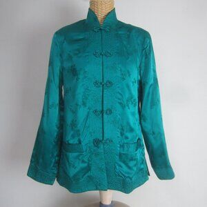 Vtg Solz Squirrel Womens M Turquoise Black Reversible Kimono Satin Jacket Blazer